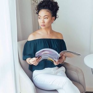 emerald green bardot / off the shoulder crop top